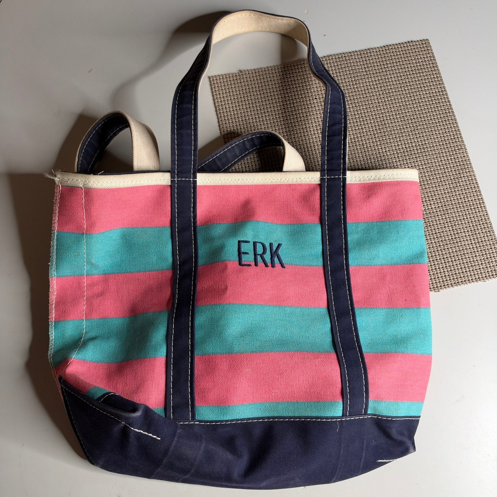 LL Bean Boat and Tote Bag Pink Teal Striped Canvas Zip Top Medium Made in USA